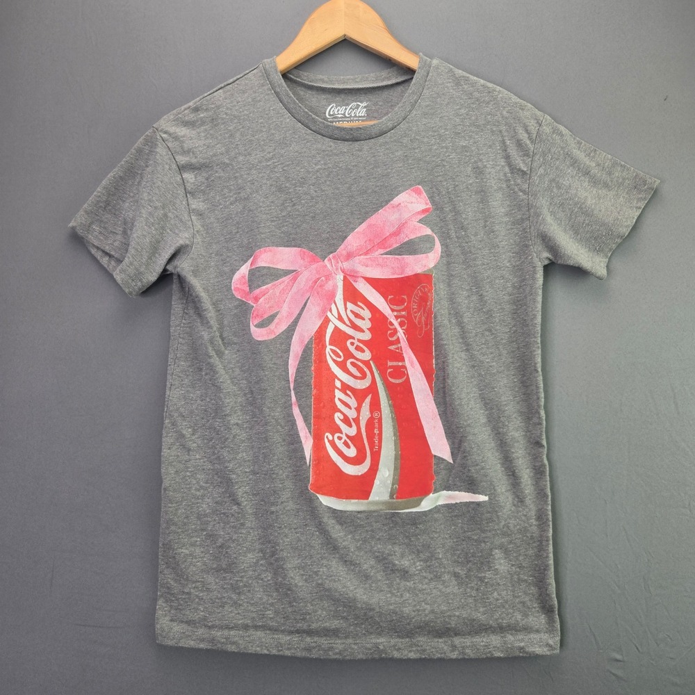 Coca-Cola T-Shirt Medium Gray Pink Bow Soda Can Graphic Tee Classic Short Sleeve